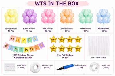 Rainbow birthday decoration kit with pastel balloons, star foil balloons, white net curtain, happy birthday banner and party accessories.