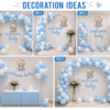 Blue and white welcome baby boy decoration ideas with balloon arch, Welcome Baby banner and party backdrop setups
