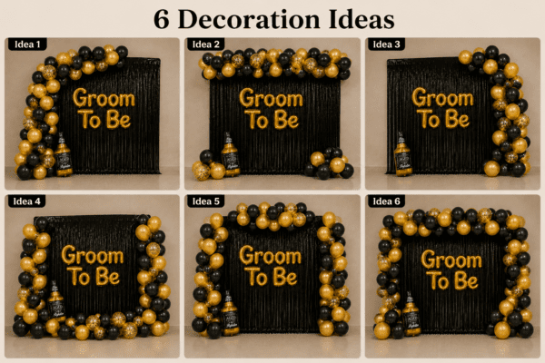 6 groom to be decoration ideas using black and gold balloons, black foil curtain, golden Groom To Be banner, gold confetti balloons and bottle foil balloon for bachelor party setup.