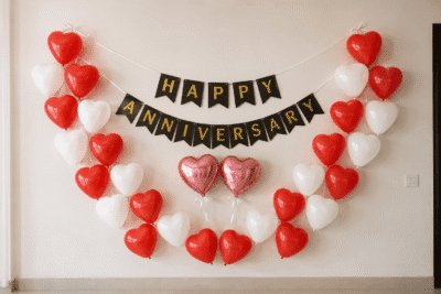 Romantic Happy Anniversary wall decoration with red and white heart-shaped balloons, black and gold banner, and two pink heart foil balloons.