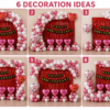 Collage of 6 happy anniversary decoration ideas using metallic pink and white balloons, red foil curtain backdrop, black and gold cardstock anniversary banner, pink heart foil balloons, red confetti balloons and love you foil balloons.