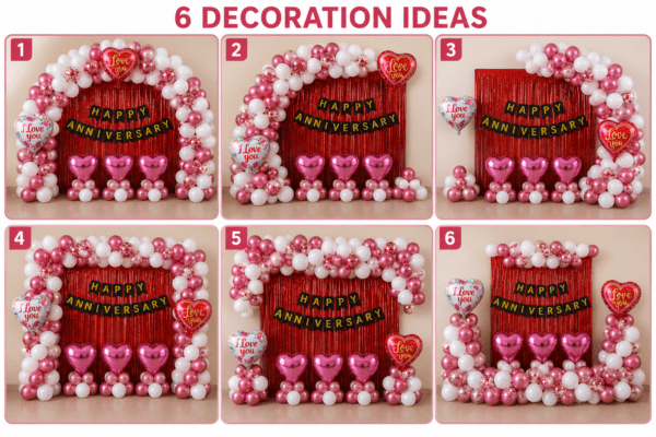 Collage of 6 happy anniversary decoration ideas using metallic pink and white balloons, red foil curtain backdrop, black and gold cardstock anniversary banner, pink heart foil balloons, red confetti balloons and love you foil balloons.