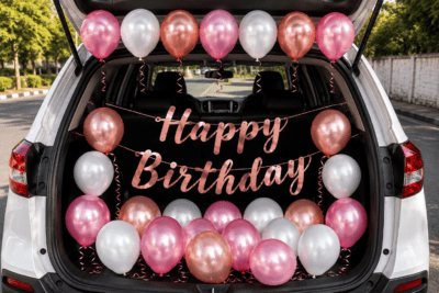 Girls car boot birthday decoration with pink, white and rose gold balloons, rose gold Happy Birthday banner and open SUV trunk setup.
