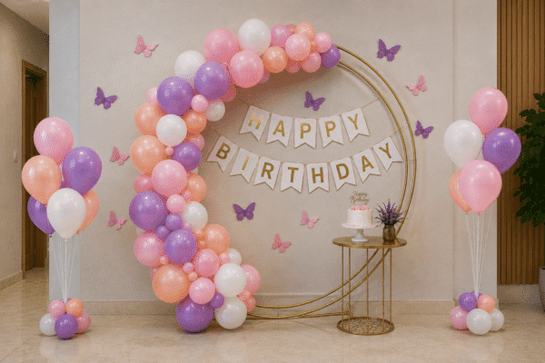 Pastel pink and white birthday balloon decoration with Happy Birthday banner and balloon arch backdrop