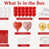 What is in the box image for happy anniversary decoration kit featuring 20 white heart balloons, 20 red heart balloons, silver happy anniversary cursive banner, 2 love you foil balloons, 2 golden confetti balloons, 1 red foil curtain, 1 glue dot and 1 arch roll.