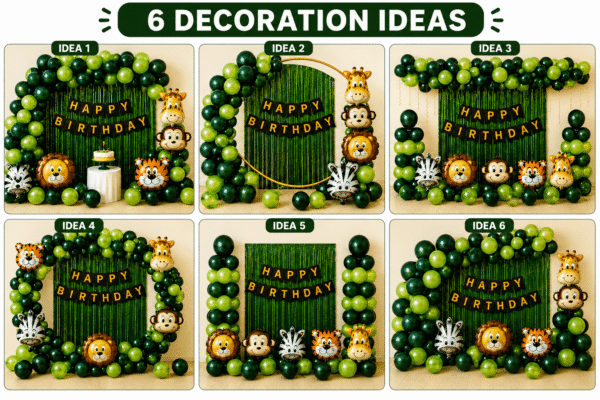 6 jungle safari birthday decoration ideas with green balloon arch, animal foil balloons and Happy Birthday banner