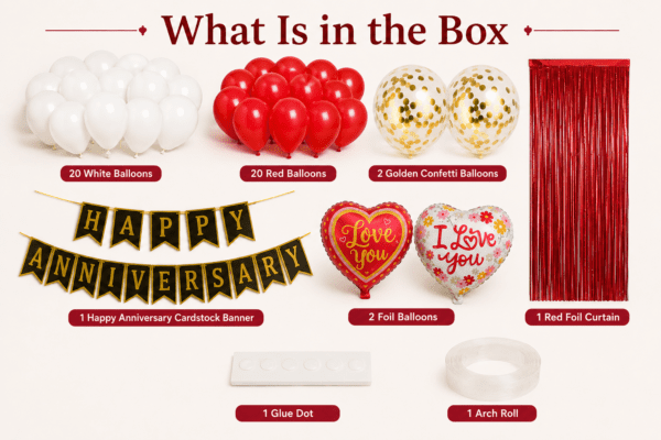 What is in the box image showing red and white anniversary decoration kit with balloons, golden confetti balloons, Happy Anniversary banner, Love You foil balloons, red foil curtain, glue dots and arch roll.