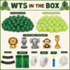 Jungle Theme Birthday Decoration Kit package includes 45 green balloons, 45 light green balloons, 5 animal foil balloons, black and gold Happy Birthday banner, 2 green fringe foil curtains, glue dots, double-sided tape, balloon pump and arch roll.