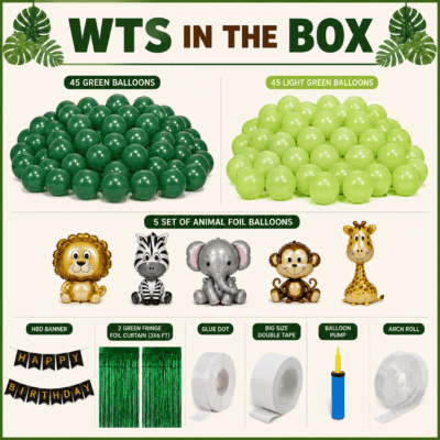 Jungle Theme Birthday Decoration Kit package includes 45 green balloons, 45 light green balloons, 5 animal foil balloons, black and gold Happy Birthday banner, 2 green fringe foil curtains, glue dots, double-sided tape, balloon pump and arch roll.