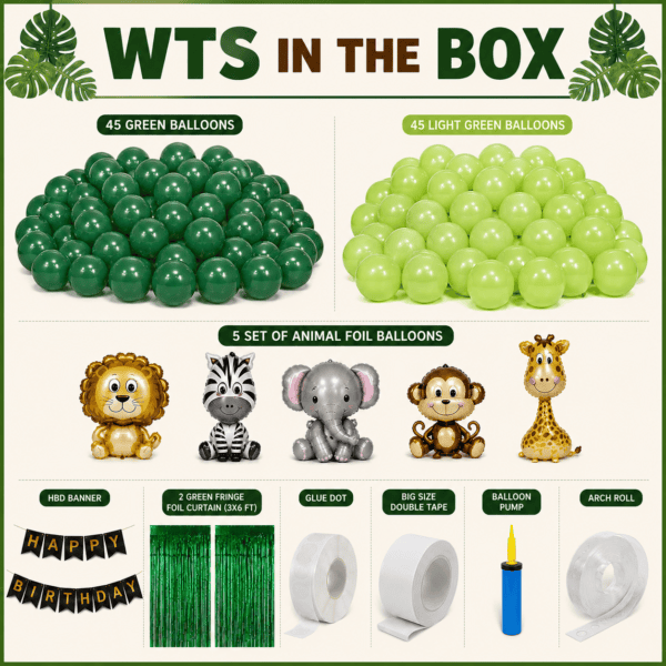 Jungle Theme Birthday Decoration Kit package includes 45 green balloons, 45 light green balloons, 5 animal foil balloons, black and gold Happy Birthday banner, 2 green fringe foil curtains, glue dots, double-sided tape, balloon pump and arch roll.