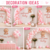 Welcome baby girl decoration ideas with pink and white balloon arch, Welcome Baby banner and baby girl party backdrop setups
