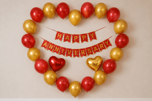 Heart shape Happy Anniversary decoration with red and golden balloons, red and gold cardstock anniversary banner, and red and golden heart foil balloons on a wall backdrop.