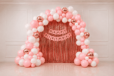 Pink Rose Gold Birthday Decoration Kit with Balloon Garland, Foil Curtain and Happy Birthday Banner