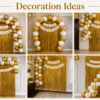 White and gold birthday decoration ideas with metallic balloons, golden foil curtain backdrop and happy birthday banner for elegant party setup.