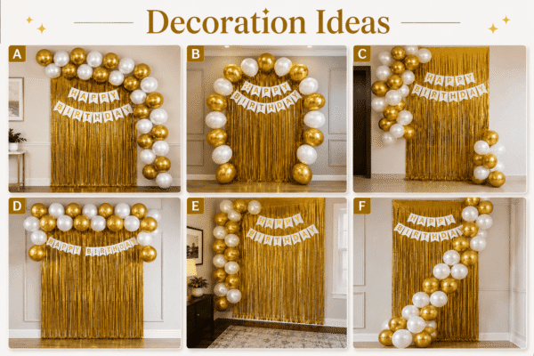 White and gold birthday decoration ideas with metallic balloons, golden foil curtain backdrop and happy birthday banner for elegant party setup.