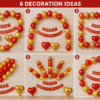 6 decoration ideas for Happy Anniversary setup using red and golden balloons, red and gold anniversary banner, red heart foil balloon and golden heart foil balloon on a wall backdrop.