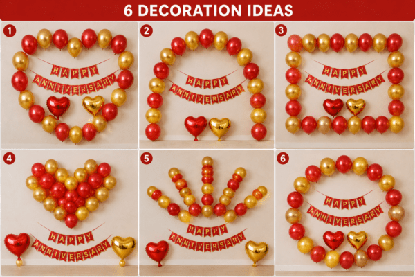 6 decoration ideas for Happy Anniversary setup using red and golden balloons, red and gold anniversary banner, red heart foil balloon and golden heart foil balloon on a wall backdrop.