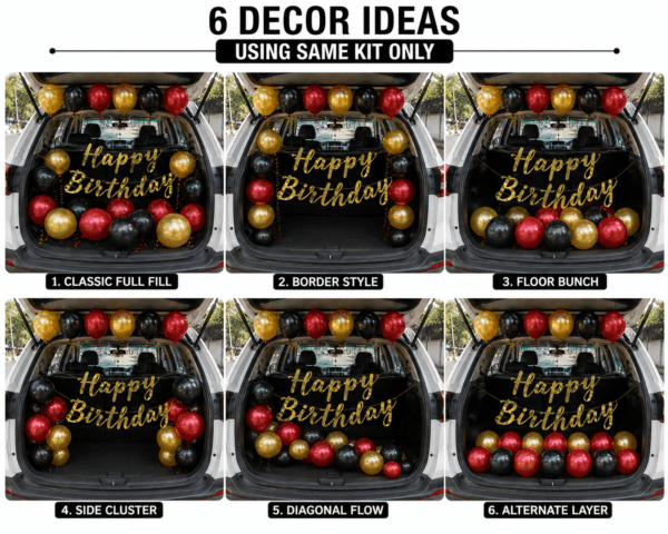 car boot birthday decoration ideas using red black gold balloons and gold cursive Happy Birthday banner for surprise birthday setup.