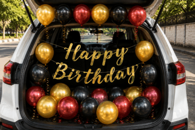 17 Pcs car boot birthday decoration kit for boys with red, black and gold balloons and gold Happy Birthday banner for birthday surprise celebration