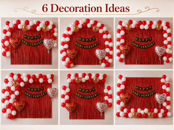 Happy Anniversary Decoration Kit for Home with Red White Balloons, Black Gold Banner, Love You & Heart Foil Balloons