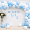 Blue and white welcome baby balloon decoration with balloon arch, cursive welcome baby banner and flower stand for baby shower or newborn welcome party.