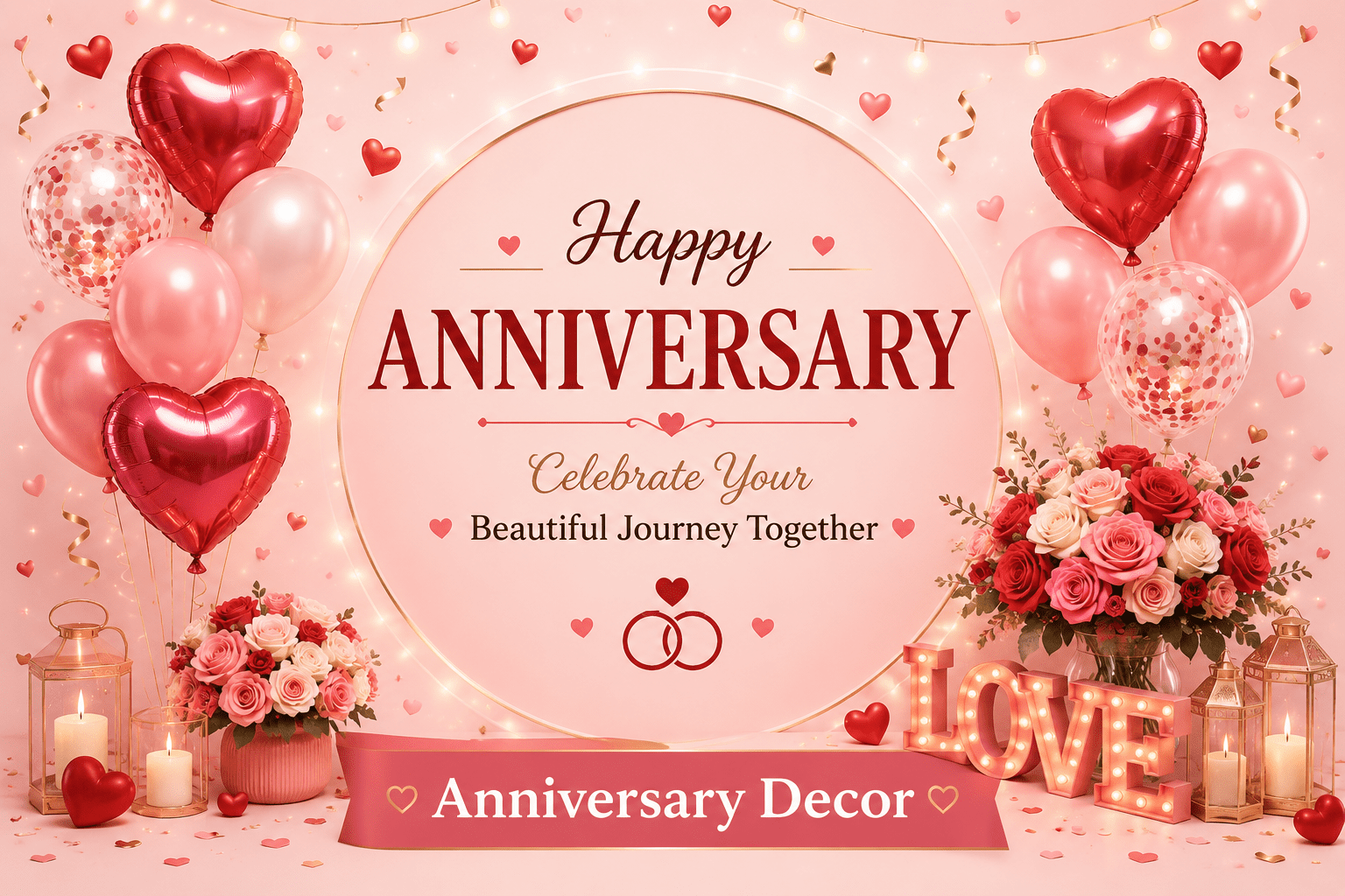 Anniversary decoration items for home with balloons, happy anniversary banner, heart foil balloons and romantic party decor kit