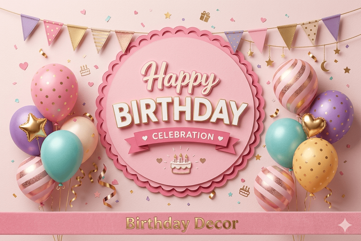 Happy birthday decoration items for home with pastel balloons, birthday banner, foil balloons and party decor setup