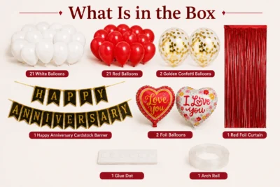 50 Pcs red white anniversary decoration kit contents with balloons, banner, heart foils, curtain and accessories