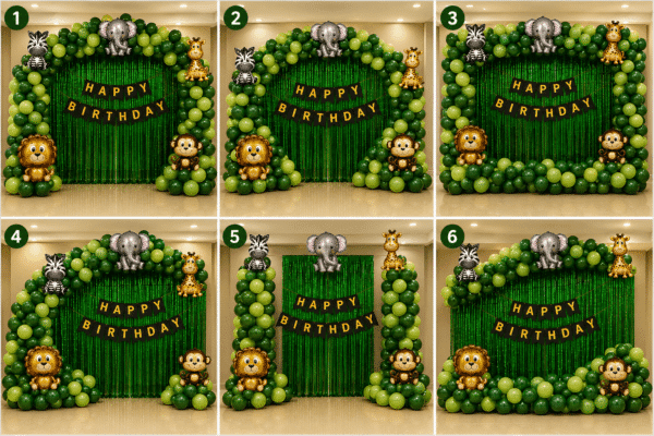 Safari theme birthday decoration ideas with green balloon arch, animal foil balloons, green fringe curtain and happy birthday banner.