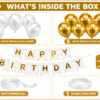White and gold happy birthday decoration kit with metallic balloons, birthday banner, white ribbon roll and double sided tape.