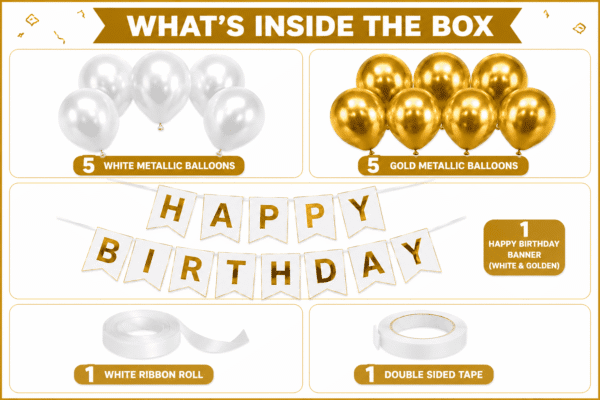 White and gold happy birthday decoration kit with metallic balloons, birthday banner, white ribbon roll and double sided tape.