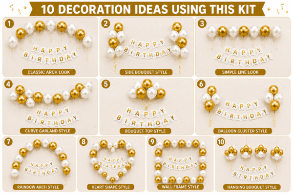 White and gold birthday decoration ideas with metallic balloons, happy birthday banner and elegant party setup designs.