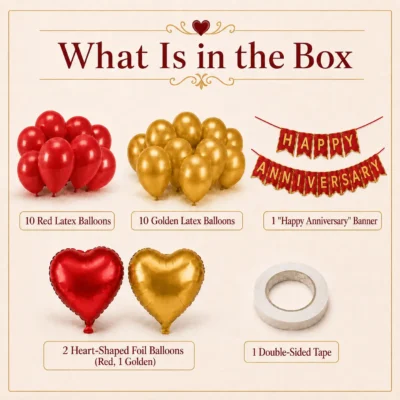 24 Pcs red gold anniversary decoration kit contents with balloons, banner, heart foils and double-sided tape