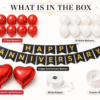 Happy Anniversary Decoration Kit – What Is In The Box What is in the box image showing 10 red balloons, 10 white balloons, black and gold Happy Anniversary banner, 2 heart foil balloons, white ribbon and double tape.
