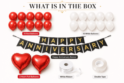 What is in the box image showing 10 red balloons, 10 white balloons, black and gold Happy Anniversary banner, 2 heart foil balloons, white ribbon and double tape.