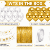 White and gold birthday decoration kit with metallic balloons, golden foil curtain, happy birthday banner, white ribbon and double sided tape.