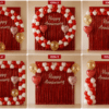 6 happy anniversary decoration ideas using red and white heart balloons, red foil curtain backdrop, silver Happy Anniversary banner, Love You foil balloons and golden confetti balloons for romantic anniversary decoration.