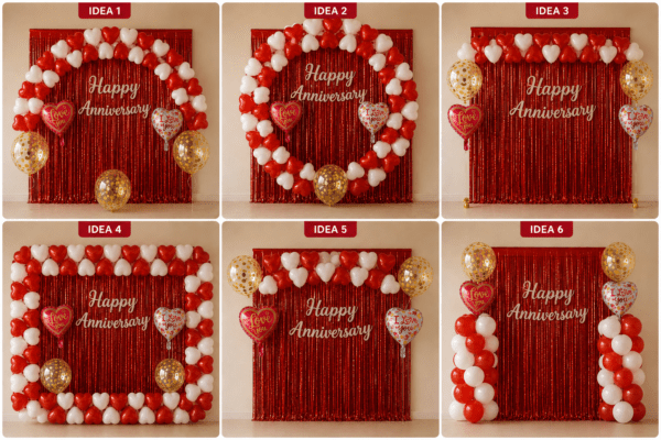 6 happy anniversary decoration ideas using red and white heart balloons, red foil curtain backdrop, silver Happy Anniversary banner, Love You foil balloons and golden confetti balloons for romantic anniversary decoration.