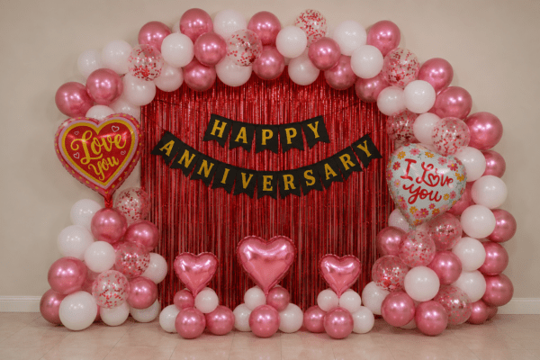 Romantic happy anniversary decoration with red foil curtain backdrop, black and gold cardstock banner, metallic pink and white balloon arch, red confetti balloons, pink heart balloons and love you foil balloons for anniversary celebration.
