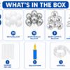 Blue Silver Birthday Decoration Kit with Cursive Happy Birthday Banner What’s in the box image showing blue, white and silver birthday decoration kit with balloons, silver confetti balloons, silver cursive Happy Birthday banner, glue dots, balloon pump and arch roll.