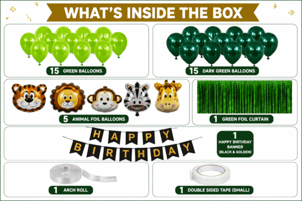 Jungle safari birthday decoration kit with green balloons, animal foil balloons, birthday banner, green foil curtain, arch roll and double sided tape.