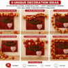 6 unique happy anniversary decoration ideas using red and golden balloons, black and gold anniversary banner, red foil curtain backdrop, golden confetti balloons and white floral I Love You heart foil balloon.
