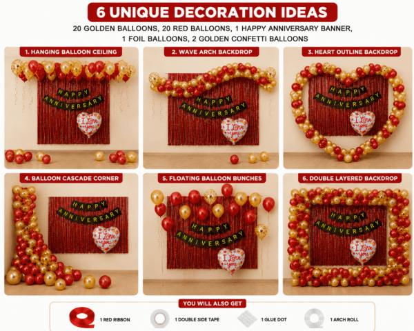 6 unique happy anniversary decoration ideas using red and golden balloons, black and gold anniversary banner, red foil curtain backdrop, golden confetti balloons and white floral I Love You heart foil balloon.
