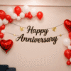 Elegant Happy Anniversary Decoration with Red White Balloons Happy Anniversary decoration with red and white balloon clusters, black and gold cursive anniversary banner, and red heart foil balloons on a home wall backdrop.
