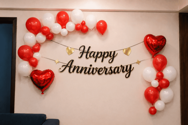 Elegant Happy Anniversary Decoration with Red White Balloons Happy Anniversary decoration with red and white balloon clusters, black and gold cursive anniversary banner, and red heart foil balloons on a home wall backdrop.