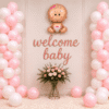 Welcome baby girl decoration with pink and white balloon columns, baby girl foil balloon, welcome baby sign and floral backdrop setup.