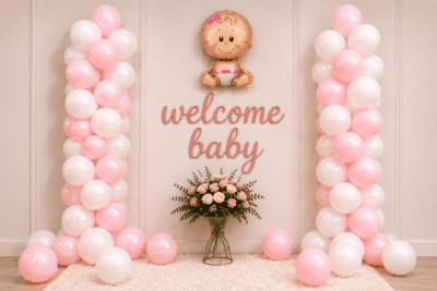 Welcome baby girl decoration with pink and white balloon columns, baby girl foil balloon, welcome baby sign and floral backdrop setup.