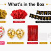Happy Anniversary decoration kit package includes 20 golden balloons, 20 red balloons, black and gold Happy Anniversary banner, white floral I Love You heart foil balloon, 2 golden confetti balloons, red foil curtain, glue dot and arch roll.