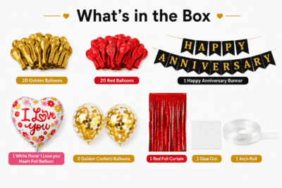 Happy Anniversary decoration kit package includes 20 golden balloons, 20 red balloons, black and gold Happy Anniversary banner, white floral I Love You heart foil balloon, 2 golden confetti balloons, red foil curtain, glue dot and arch roll.