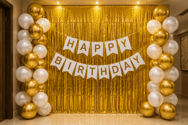 White and gold birthday decoration with metallic balloons, gold foil curtain backdrop and happy birthday banner for elegant party setup.